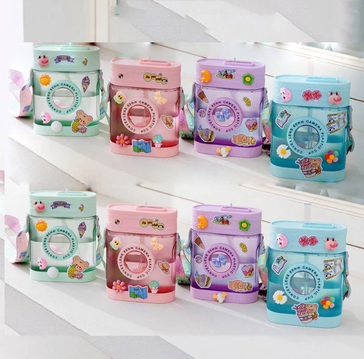 Cute Camera Water Bottles with Straw,