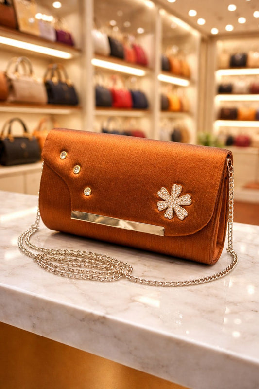 Fancy Golden Bridal Clutch with Stones, Chain Strap, Lockable Design for Weddings and Parties