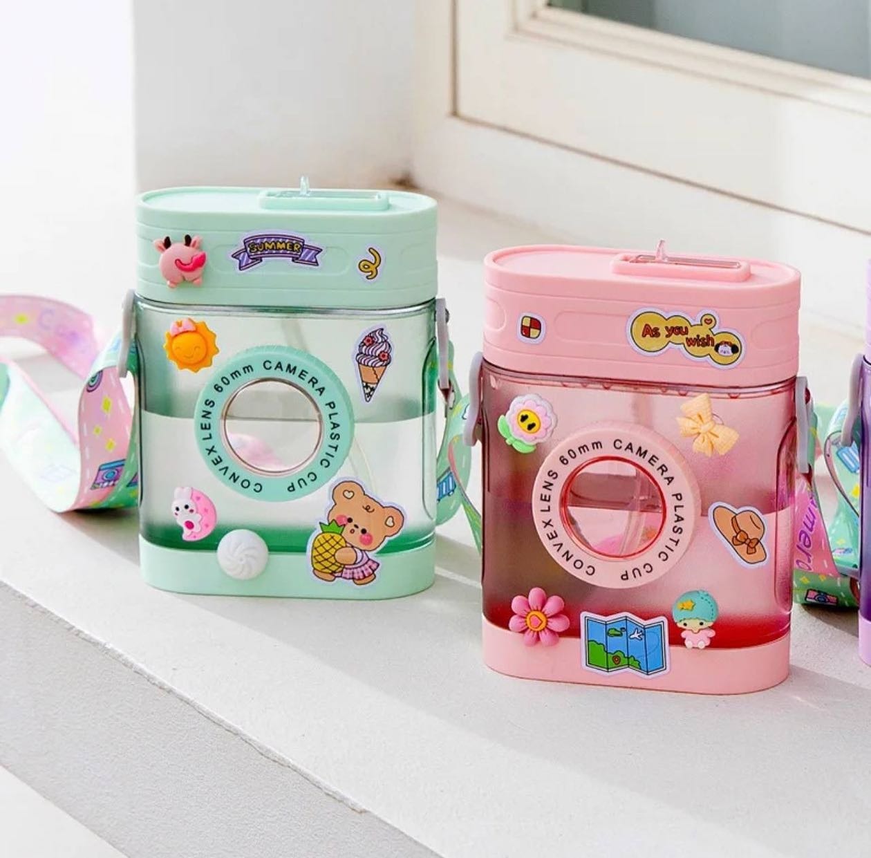 Cute Camera Water Bottles with Straw,