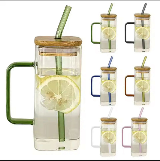 Square Glass Mug 400ml with Lid