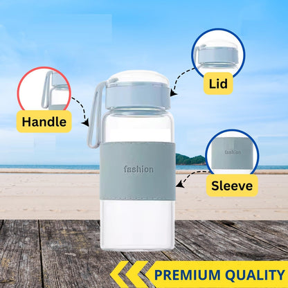 Tap2kaart 340ml Borosilicate Glass Water Bottle with Lid & Sleeve