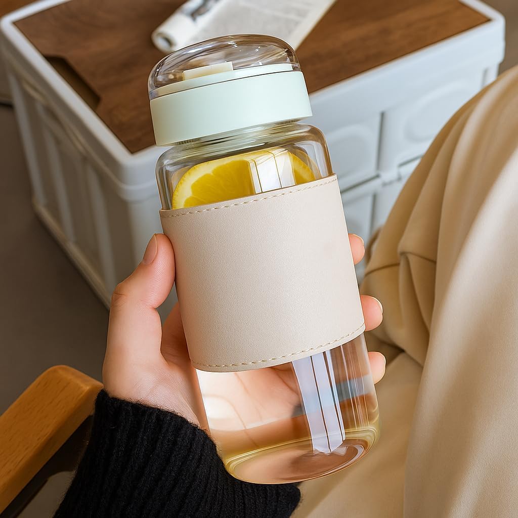 Tap2kaart 340ml Borosilicate Glass Water Bottle with Lid & Sleeve